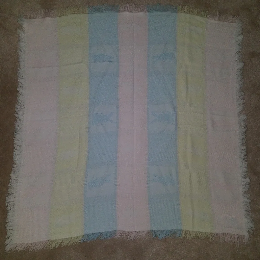 VTG All Mine Bunny Rabbit Knit Baby Blanket 100% Acrylic Pastel Pink Blue Yellow